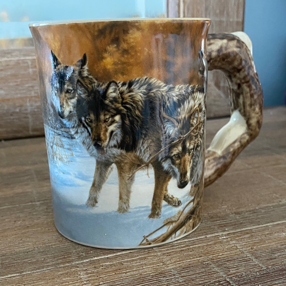 Wolf-Themed Ceramic Mug with Antler Handle
